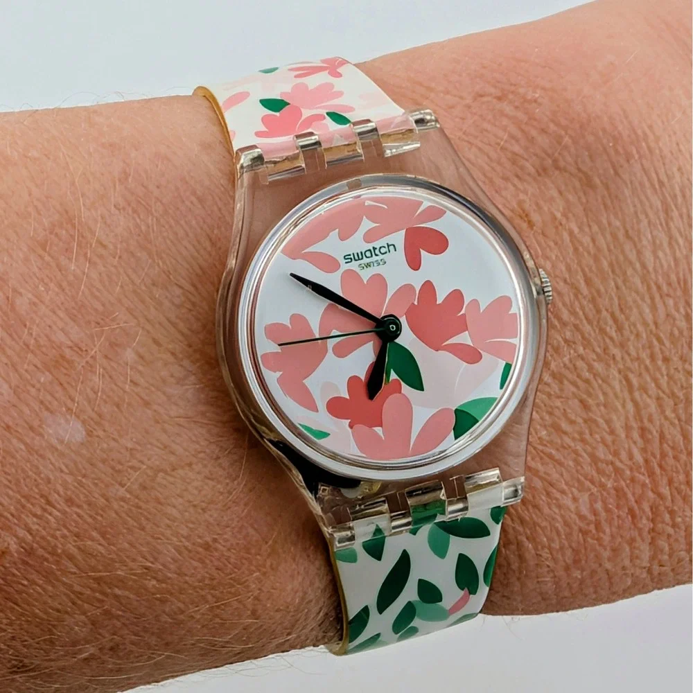 Swatch Lady Jackaranda LK355 Floral Clear Exhibition Back Swiss Quartz Watch Y2K